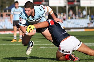 Billy Magoulias scoring a try v Roosters in Sundays Holden Cup at Shark Park (Photo : steve montgomery / OurFootyteam.com)