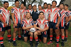 Regional champions: Sarah Redfern High School's rugby league side (pictured) have won the Sydney South West regional final for the NSW Combined High School’s University Shield for the second time in a row. The side was coached by Shane Sultana (centre). Picture: Jeff de Pasquale.