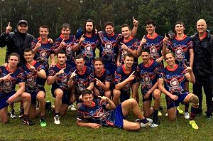 Toronto High School's open age rugby league team celebrates today's 2-point win in Kingscliff, near Tweed Heads.