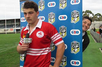Aiden Jansen Illawarra SHS talks to Nathan Beuman after the gio Schoolboy Cup match v Endeavour at Shark Park (Photo : steve monty / OurFootyTeam.Com)