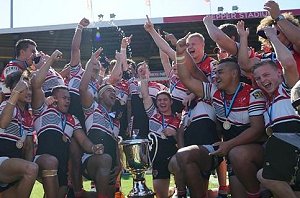 Kirwan State High School celebrates its GIO Schoolboys Cup grand final win over Patrician Brothers College, Blacktown