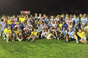 The Central Coast CENTURIONS & the St. Helens Academy teams after a tough and skillfull game of International Junior Rugby League at Morrie Breen Oval, Wyong tonite 