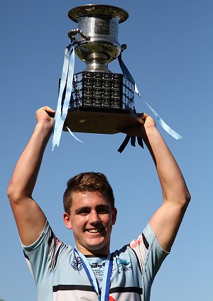 Cronulla Sharks Harold Matthews Cup Captain Lachlan SMITH hold up the 2015 HAROLD MATTHEWS CUP (Photo : steve montgomery / OurFootyTeam.com)