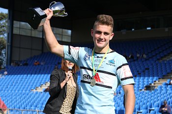 Cronulla Sharks u16s Captain Lachlan SMITH Holds up the National U 16 Club Championships Cup - Townsville Stingers v Cronulla SHARKS (Photo : steve montgomery / OurFootyTeam.com) 