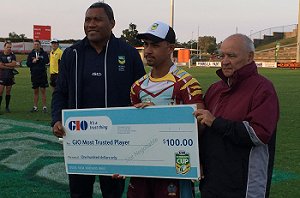 Petro & Phil present gio Most Trusted Player of the Grand Final to Keebra Park's Paul Karaiana 