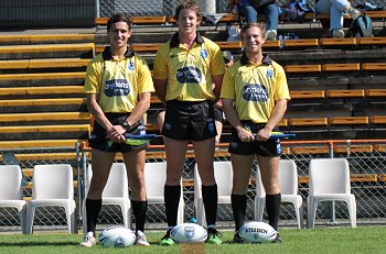 Brendon Cavellari, Cody Simmons & Daniel Perry REFEREE'S - Cronulla - Sutherland Sharks v Illawarra Steelers Tarsha Gale Cup u18 Girls Rugby League Qualifying Final (Photo : steve montgomery / OurFootyTeam.com)