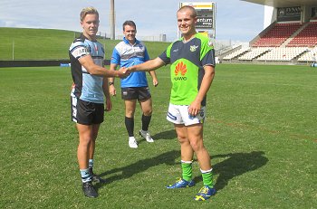 Captains Tom De Meio & Jesse Thompson shake hands after the coin toss HMC Semi Final Cronulla Sharks v Canberra Raiders Harold Matthews Cup Action (Photo : steve montgomery / OurFootyTeam.com)