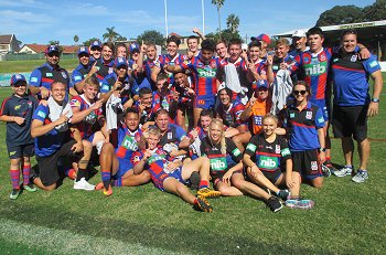 The Newcastle KNIGHTS celebrate winning the 2017 Harold Matthews Cup ( Photo : Steve Montgomery / OurFootyTeam.com)