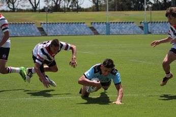 Jordan Samrani scores the 1st try of the season Cronulla SHARKS v Central Coast ROOSTERS Harold Matthews Cup U 16s Action (Photo : steve montgomery / OurFootyTeam.com)
