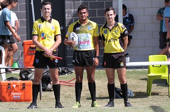 Zac Pitkethley, Brendan Mani & Cameron Hutchinson REFEREE'S - Cronulla - Sutherland Sharks v Canterbury - Bankstown Bulldogs Tarsha Gale Cup u18 Girls Rugby League Rnd 2 (Photo : steve montgomery / OurFootyTeam.com)