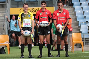 Cameron Hutchinson, Aaron McGeogh & Darcy Hind REFEREE'S - Cronulla - Sutherland Sharks v St. George Dragons Tarsha Gale Cup u18 Girls Rugby League Rnd 5 (Photo : steve montgomery / OurFootyTeam.com)