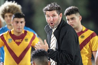 Holy Cross Super coach Mr. Tim White laying down the law 2019 nrl Schoolboy Cup - Holy Cross v St. Gregorys Campbelltown - nrl Schoolboy Cup Action (Photo : steve montgomery / OurFootyTeam.com)