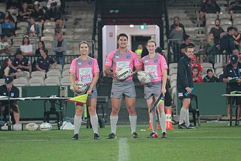 Oliva Lawne, Joshua Bradstock & Stephanie Peneado - REFEREE'S - SEMI FINALS - Rnd 11 - Newcastle Knights v Cronulla Sharks Tarsha Gale Cup Action (Photo : steve montgomery / OurFootyTeam.com)