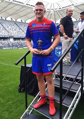 Max Bradbury (Newcastle Knights) Harold Matthews Cup PLAYER of the 2019 GRAND FINAL (Photo : Steve Montgomery / OurFootyTeam.com)