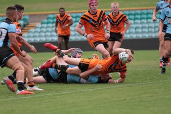 Zane Camroux scores the match-winning try for the Balmain Tigers. (Photo : Steve Montgomery / OurFootyTeam.com) 
