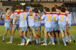 De La Salle celebrate Luke Manahans fantastic long distance goal - De la Salle Vs Gymea Gorilla's Rnd 3 at Shark Park ( Photo : ourfooty media)