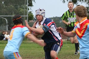 Alex Bedford runs into Nick Pleasence - Menai Roosters Vs De la Salle U 15A's (Photo : ourfooty media)
