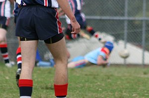 Nick Ratcliffe scores the 1st of his 2 tries - Menai Roosters Vs De la Salle U 15A's (Photo : ourfooty media)