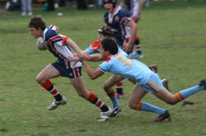 Rooster charges to the try line with Jesse faye and Riry Hood hangin' on - Menai Roosters Vs De la Salle U 15A's (Photo : ourfooty media)