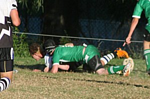 ... then dives over to put the Sharks in the lead- Gymea Vs Cronulla U15A's Rnd 5 (photo : ourfooty media)