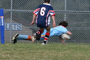 Brett Speer dives over for a good try U15A's Roosters Vs De La Salle (Photo : ourfooty media)