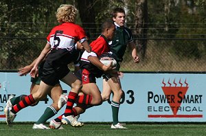 William Hopaote of Sydney North attacks Sydney CHS Rugby League Trails - Under 18 get it on ( Photo : ourfooty media)