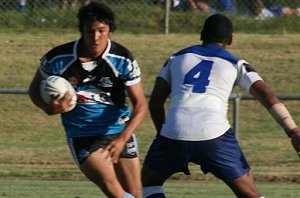 Joseph Drinkwater runs the ball from deep in his own territory in the Bulldogs vs Sharks Matty's Cup trial game