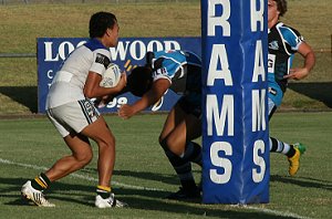 Erony lays a great tackle which resulted in a line dropout in the Bulldogs vs Sharks Matty's Cup trial game