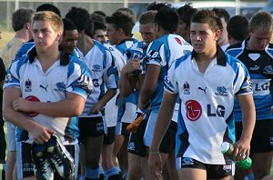 Sharks Tom Fry & Clinton Strickland walk of the Hammondville oval with the boys after the Bulldogs vs Sharks Matty's Cup trial game