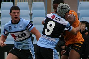 Sharks Hooker Dane Malone tackles his man - Sharks vs Tigers SG Ball Round 1 (Photo : ourfooty media)