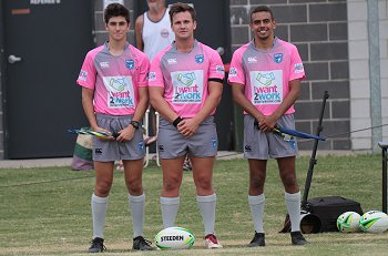 Bailey Collins, Seamus Carroll & Mitchell Pitscheidev Referee's - SG Ball Cup TRIAL MATCH Cronulla Sharks v Central Coast ROOSTERS Photo : steve montgomery / OurFootyTeam.com)