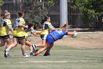 Caitlan Johnson dives in for her 1st try of the arvo - Knights v Sharks U18 Tarsha Gale Cup Girls Rugby League Action (Photo : steve montgomery / OurFootyTeam.com)