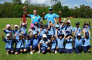 Beau Champion with the kids from Ormeau State School and Lords School in Pimpama