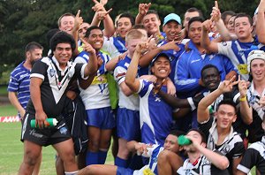 Bulldogs and Wests Magpies celebrate together after the HMC 7's Round Robin - Well done the Doggies (Photo : ourfooty media)