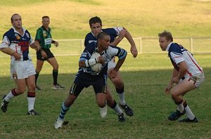 David Peachey makes a break for Macquarie Raiders against the Cobar Roosters in Dubbo yesterday