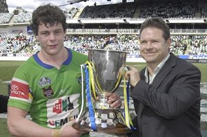 Canberra Raiders Toyota Cup Captain Shaun Fensom recieves the Jersey Flegg Trophy for winning the NYC Minor Premiership