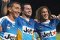 Mat Rogers with his Titan team-mates Chris Walker and Matt Petersen celebrate victory after the NRL trial match between Parramatta and the Gold Coast at Lismore.