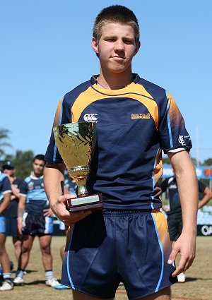 Westfields SHS U15's Captain Brett Beardmore proudly holds the Chase Stanley Cup (Photo : OurFootyMedia)