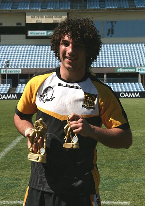 Brendan Santi with his NSWCHS University Shield 'Player of the Year' & 'Player of the Grand Final' trophies (Photo : OurFootyMedia) 