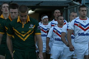 Australian & Great Britain Schoolboys lead by Captains Cameron King & Mark Wool walk out for (Photo's : steve montgomery / ourfooty media)