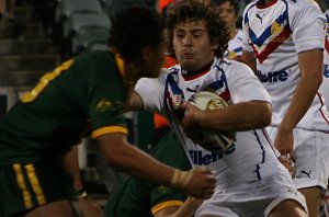 Mark Wool tries to get around Endeavour SHS's Joey Lielua - Australian Schoolboys v GBC YOUNG LIONS 1st Test ACTION (Photo's : ourfootymedia)