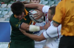 Jake Finn smashing defenders - Australian Schoolboys v GBC YOUNG LIONS 1st Test ACTION (Photo's : ourfootymedia) 