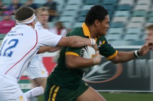 Joseph Leilua (Endeavour SHS) charges thru the GBCL D line - Australian Schoolboys v GBC YOUNG LIONS 1st Test ACTION (Photo's : ourfootymedia) 