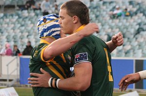 Cameron King congratulates Cheyse Blair on his try - Australian Schoolboys v GBC YOUNG LIONS 1st Test ACTION (Photo's : ourfootymedia) 