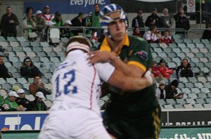 Cameron King smashes into 2nd rower Jacob Fairbank - Australian Schoolboys v GBC YOUNG LIONS 1st Test ACTION (Photo's : ourfootymedia)