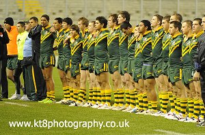Australian Schoolboys (ASSRL) line up and scream out the National Anthem before the 2nd Test 