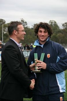 Brendan SANTI recieves his NSWCHS PLAYER of the CHAMPIONSHIP Trophy (Photo's : OurFootyMedia)  