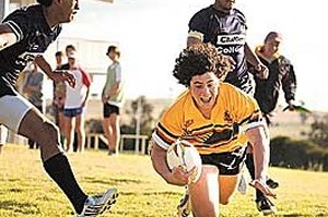 Farrer centre Ethan Stevens goes over for the second of his three tries in yesterday’s Buckley Shield semi. Photo: Robert Chappel