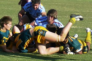 MSHS Wrecking Ball Andrew Ward scores his second try under a tangle of SBC defenders in the AA Cup NQ Semi final 2008